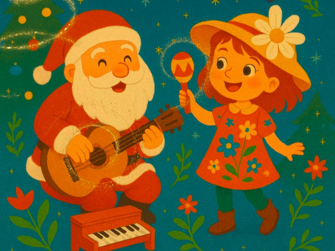 Le Père Noël jouant de la guitare avec une petite fille et jouant du maracas sur fond vert